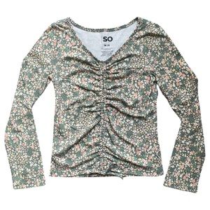 Girls SO Floral Print Ruched Tie-Front Long Sleeve Blouse